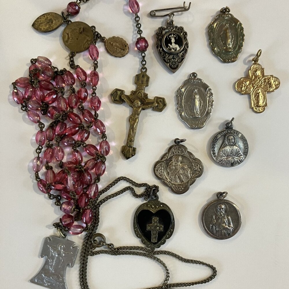 Vintage Religious Jewelry Lot – Sterling Silver Heart, Rosary, Medals, Crosses